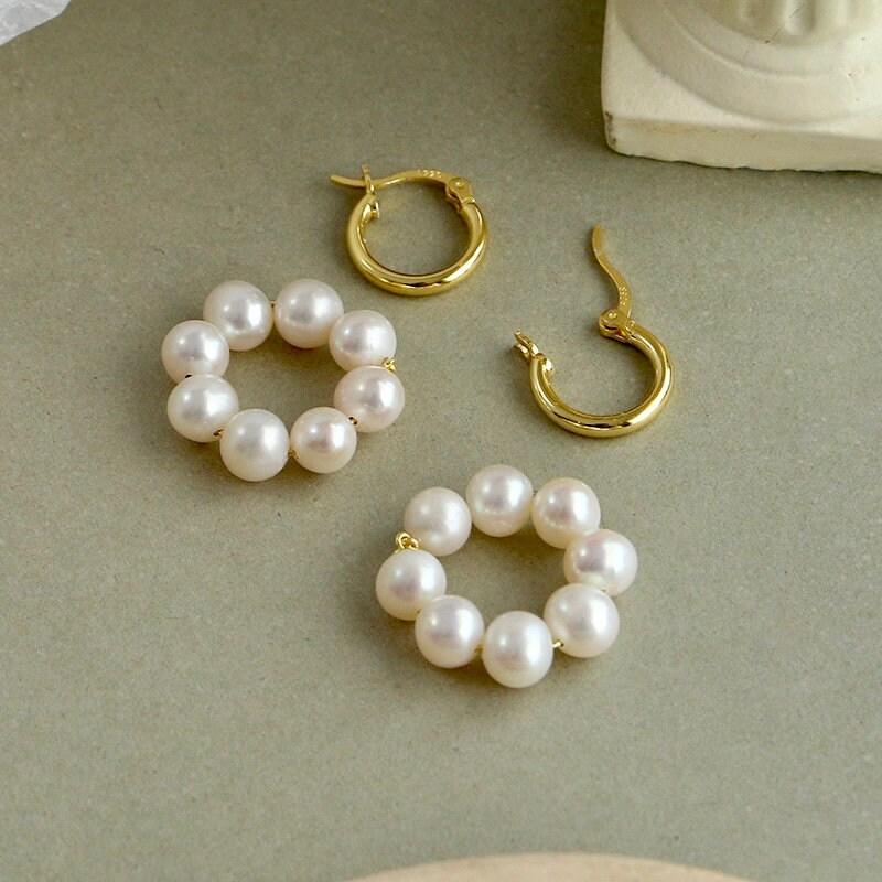 Sterling Silver Freshwater Pearl Earrings, 18K Gold Hoop Earrings, Pearl Hoop Earrings, Pearl Earrings, Boho Beach Jewelry, Gift For Her. LATUKI