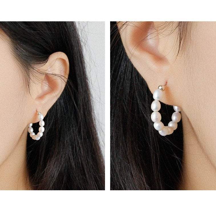 Sterling Silver Freshwater Pearl Hoop Earrings, Silver Hoop Earrings, Pearl Hoop Earrings, Pearl Earrings, Boho Beach Jewelry, Gift For Her. LATUKI
