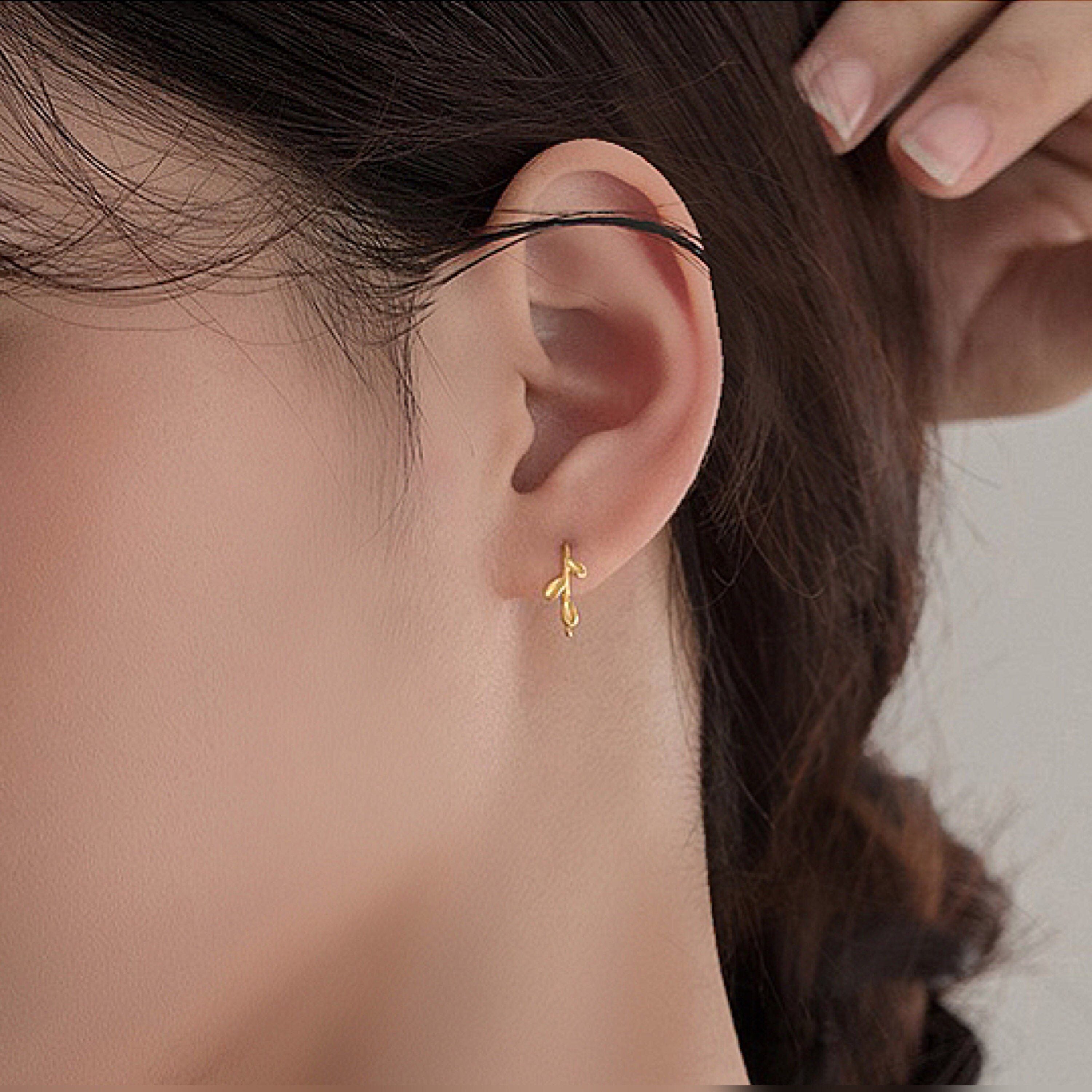 Sterling Silver Gold Leaf Threader Earrings, Gold Dainty Open Hoop Earrings, Hook Earrings, Horseshoe Hoop Earrings, Gift For Her, S925 LATUKI