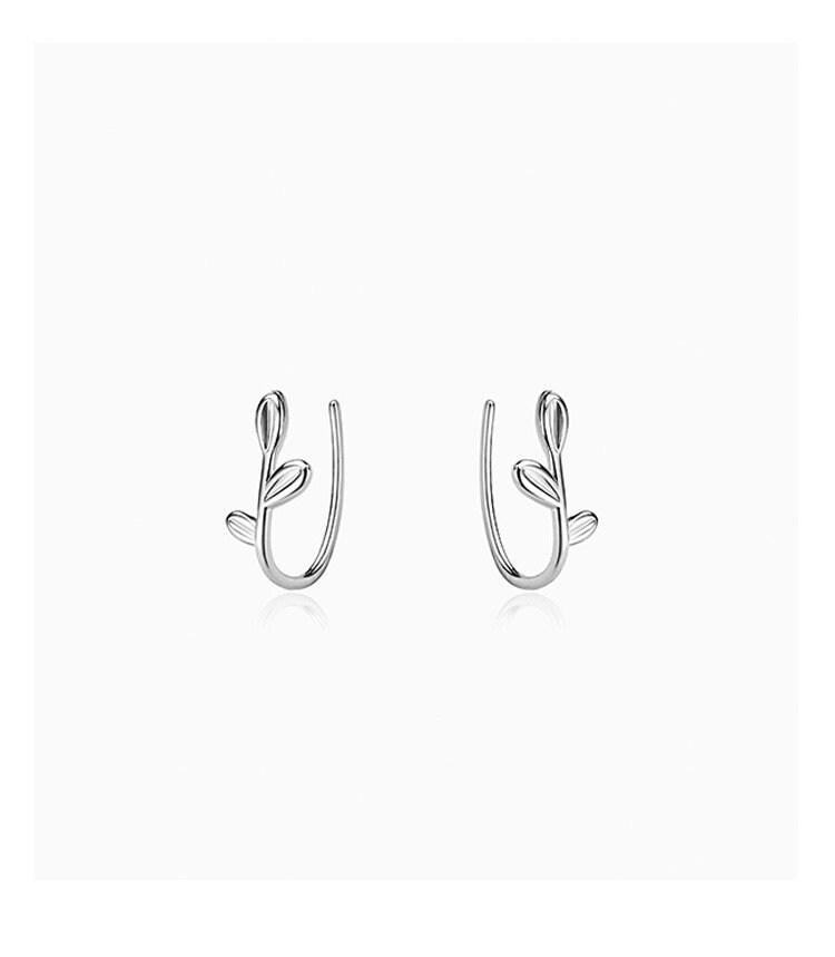 Sterling Silver Gold Leaf Threader Earrings, Gold Dainty Open Hoop Earrings, Hook Earrings, Horseshoe Hoop Earrings, Gift For Her, S925 LATUKI