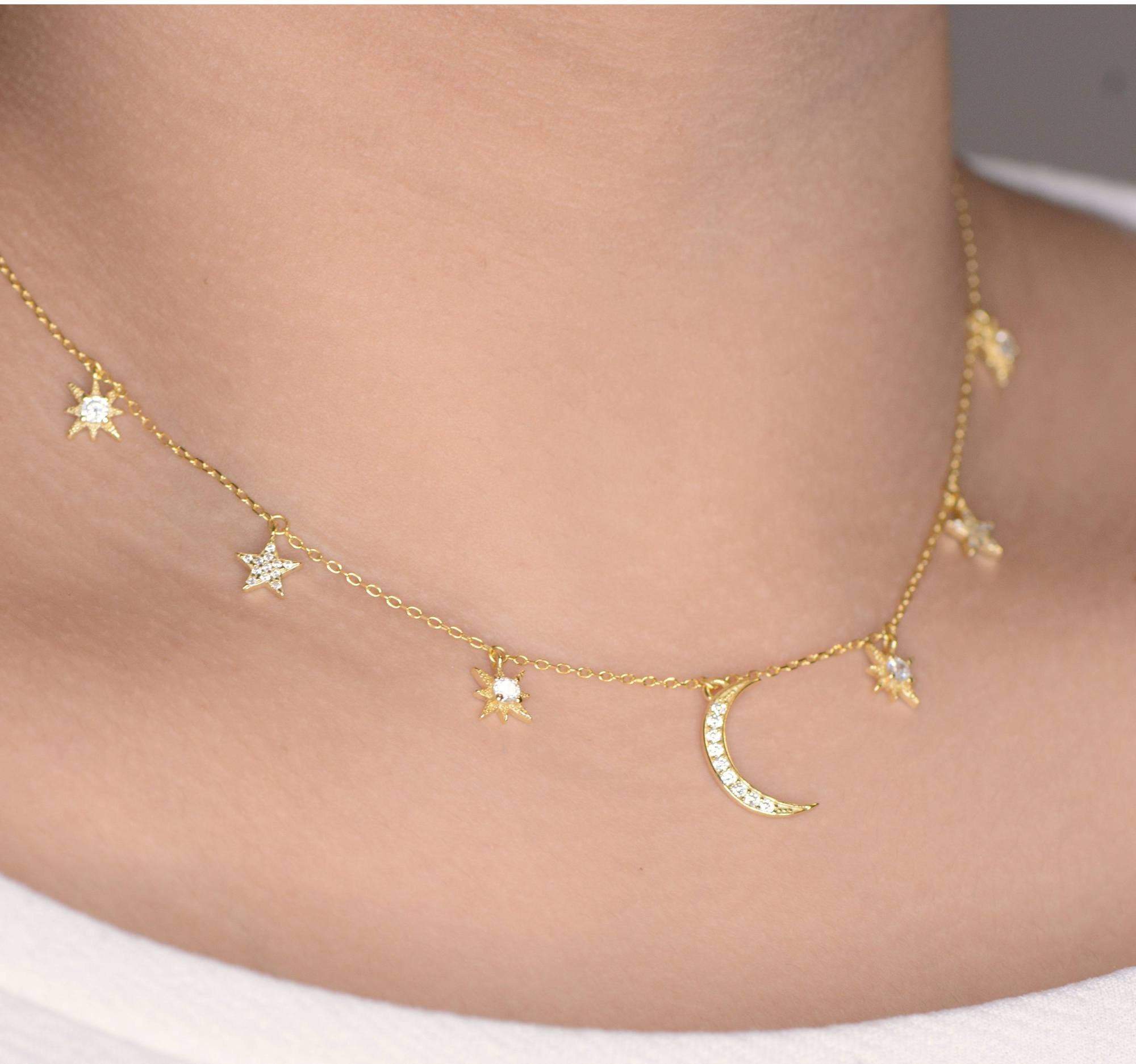 Sterling Silver gold moon and star necklace / gold moon choker / gold star choker / moon and star choker / moon necklace / celestial jewelry LATUKI