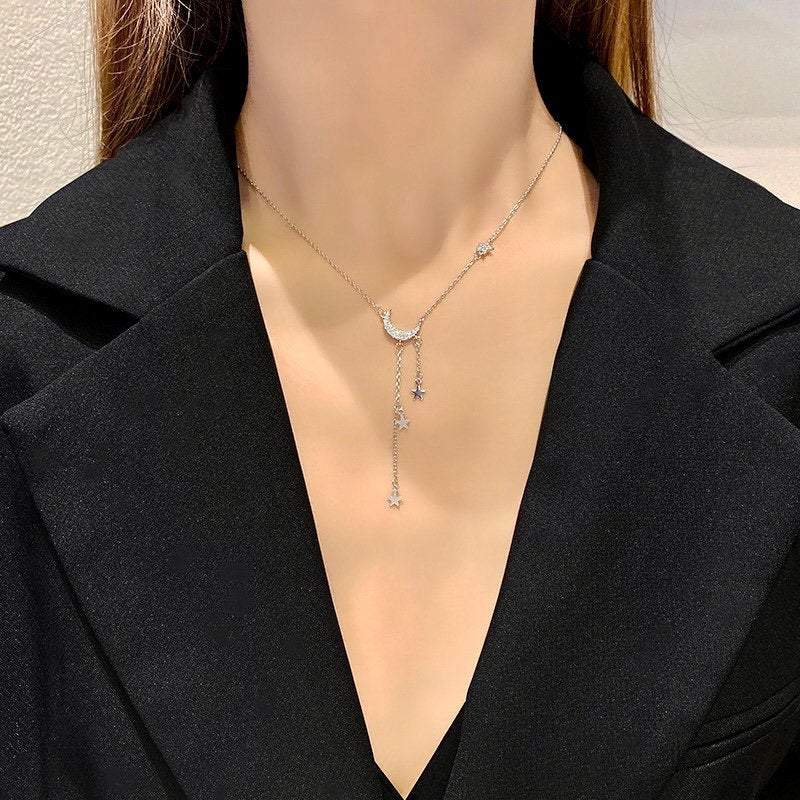 Sterling Silver Moon Necklace, Moon and Star Necklace, Celestial Jewelry, 925 Silver Necklace, Dainty Necklace, Charm Necklace, Gift For her LATUKI