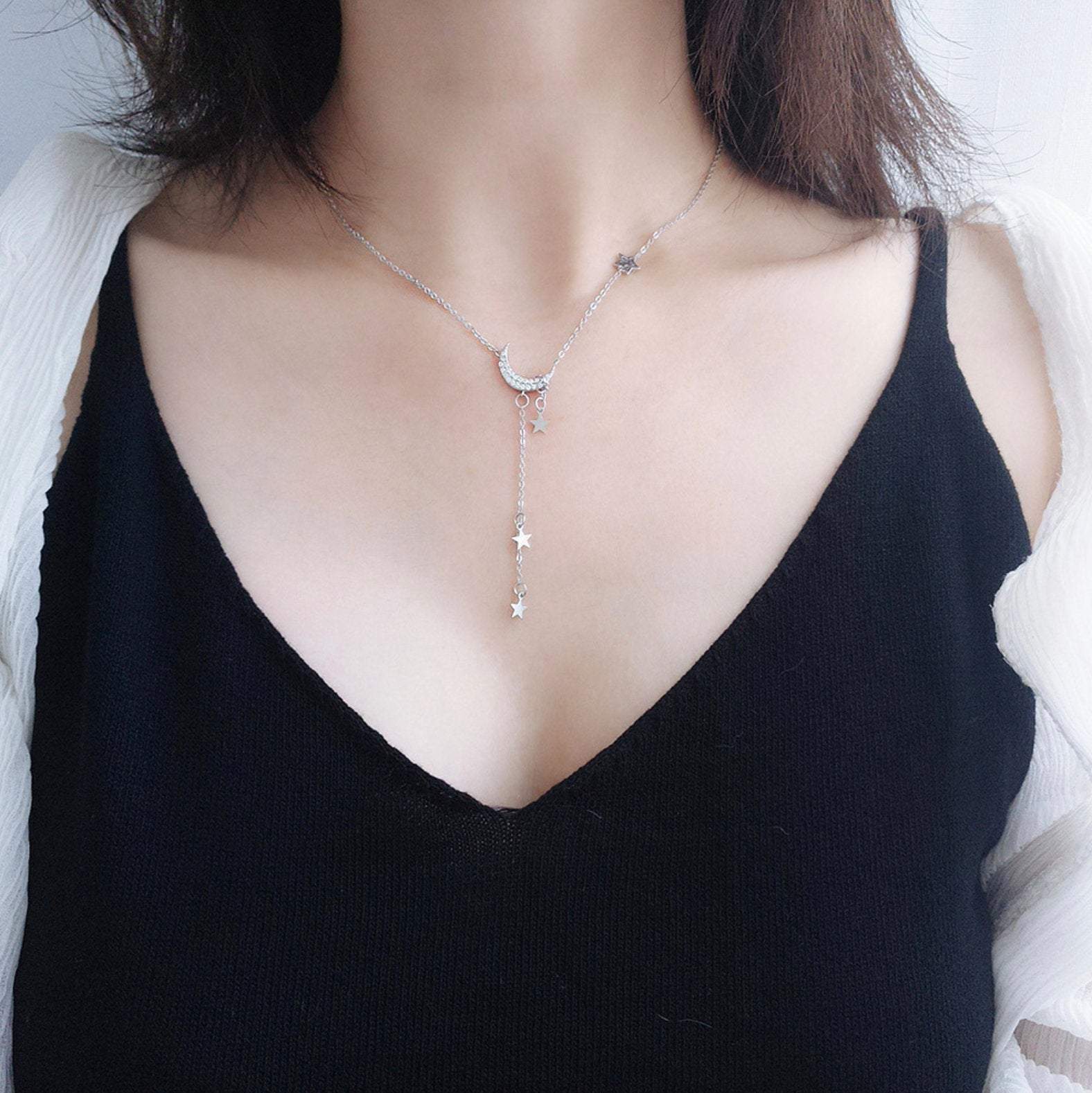 Sterling Silver Moon Necklace, Moon and Star Necklace, Celestial Jewelry, 925 Silver Necklace, Dainty Necklace, Charm Necklace, Gift For her LATUKI