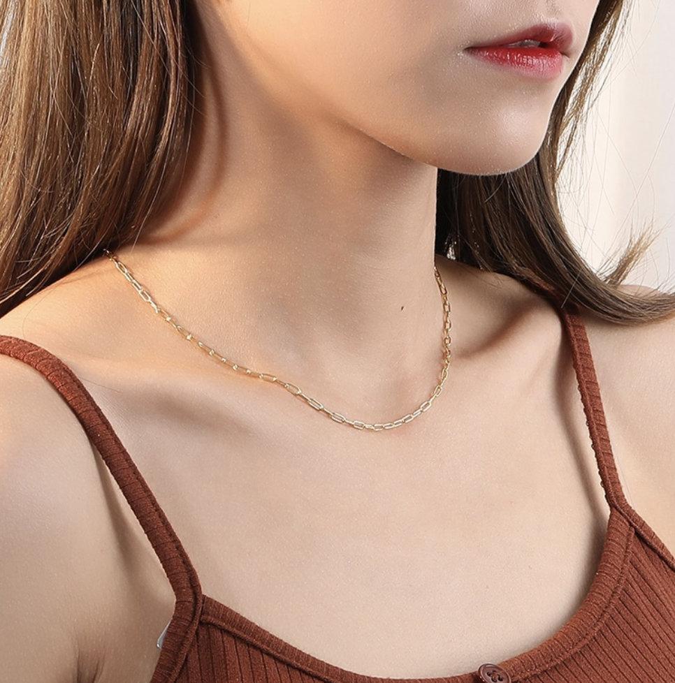 Sterling Silver Paperclip Chain Necklace, Dainty Gold Choker, Layering Necklace, Rectangle Chain Choker, Paperclip Necklace Gold, 925 Silver LATUKI