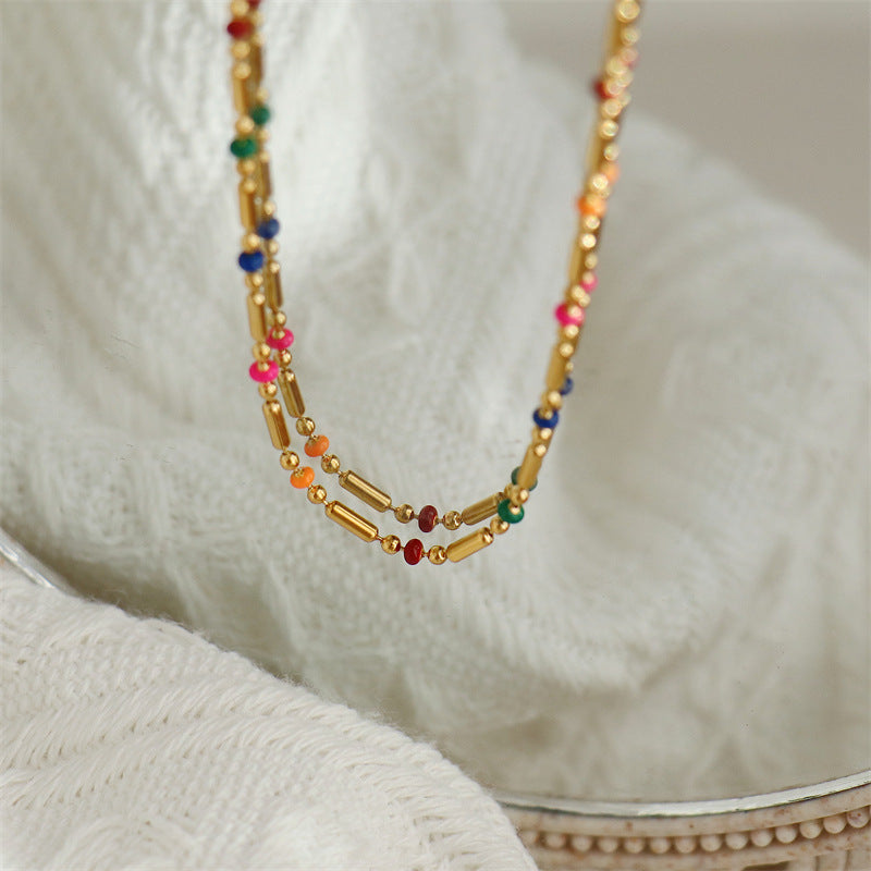 rainbow necklace, 18k gold necklace , 18k gold ball chain necklace, 18k gold beaded necklace, Beads Necklace, Colorful Link Necklace