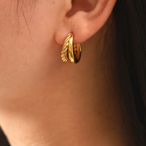 double twist earrings- double twist earrings gold-Golden Double Twist C-Shaped Earrings