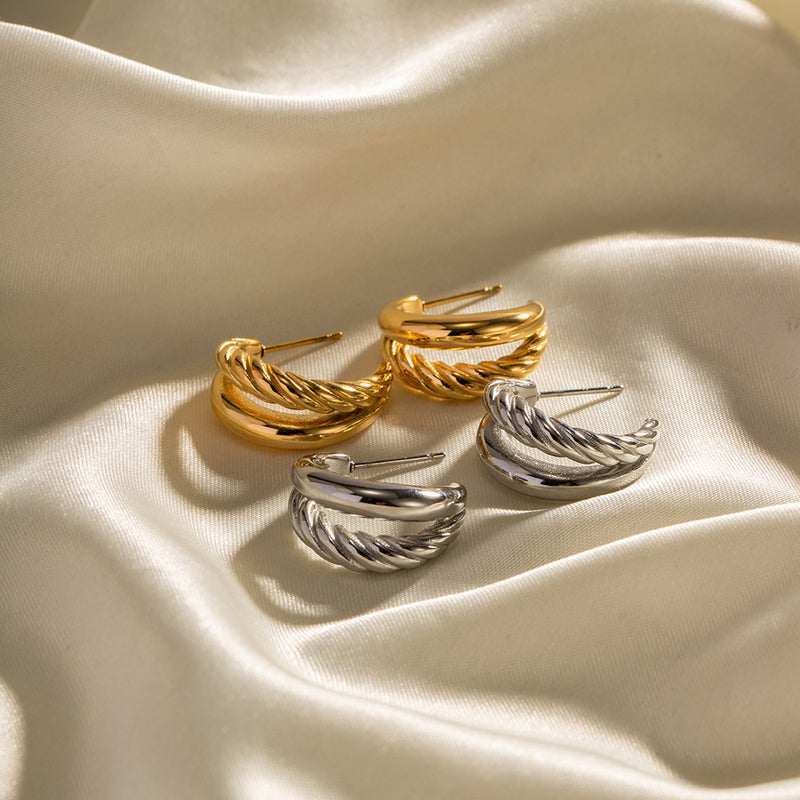 double twist earrings- double twist earrings gold-Golden Double Twist C-Shaped Earrings