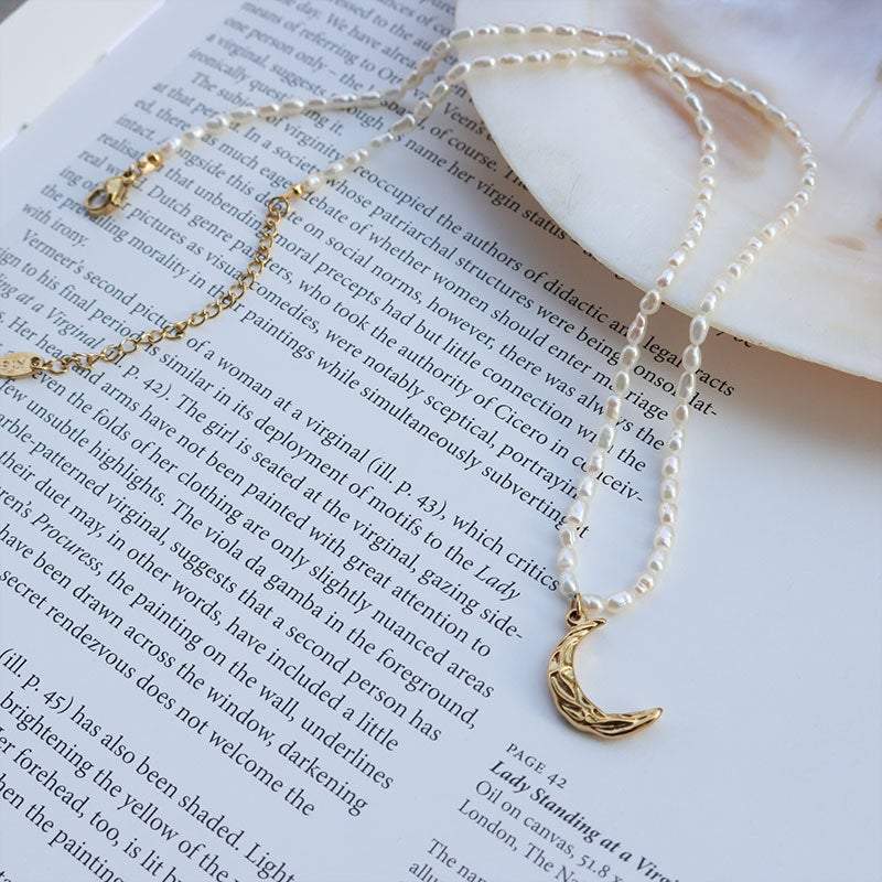 Freshwater Pearl Necklace, Moon Necklace, Pearl Necklace, White Pearl Necklace, Moon Charm Necklace, Celestial Jewelry, Gift For Her LATUKI 
