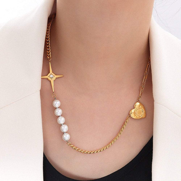 Gold Layering Necklace, Pearl Necklace with Heart Charm, Handmade Necklace, Heart Necklace, Birthday Gift, Mothers Day Gift, Star Necklace LATUKI 