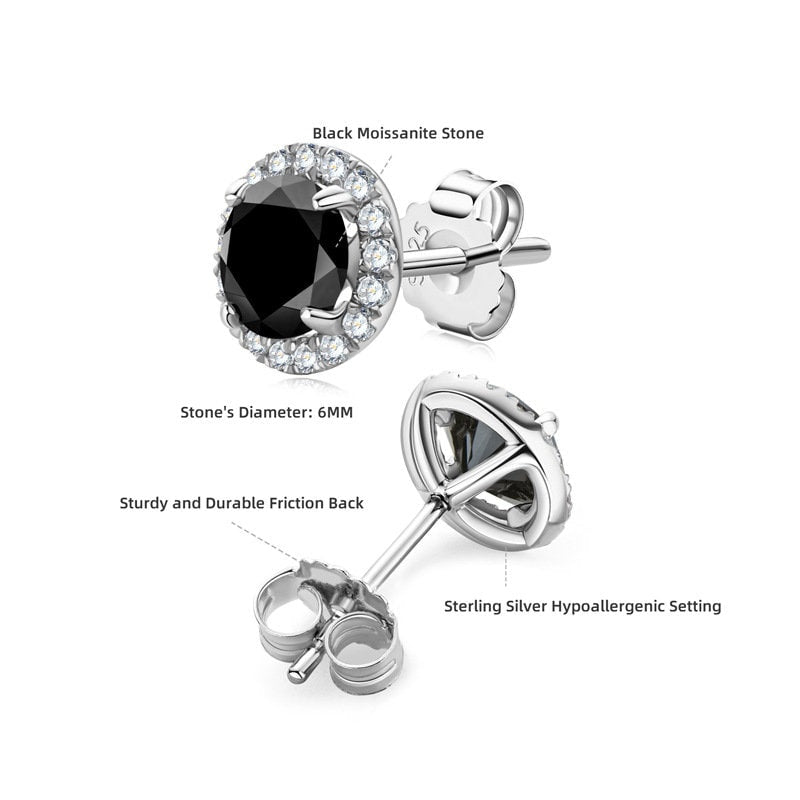 Black Moissanite Earring Studs, Sterling Silver Round Cut Moissanite Stud, Sterling Silver Stud Earrings, Moissanite Earring, Gift For Her