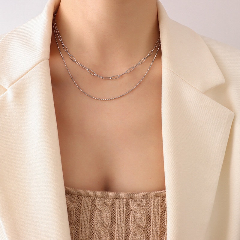 Gold Two Layered Necklace Set. Two chains-Dainty double choker, 18K paper clip 2 layer choker, Everyday Multi Strand Dainty Stacking Set