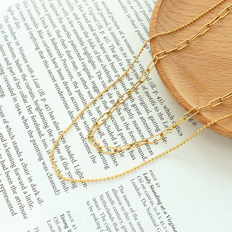 Gold Two Layered Necklace Set. Two chains-Dainty double choker, 18K paper clip 2 layer choker, Everyday Multi Strand Dainty Stacking Set