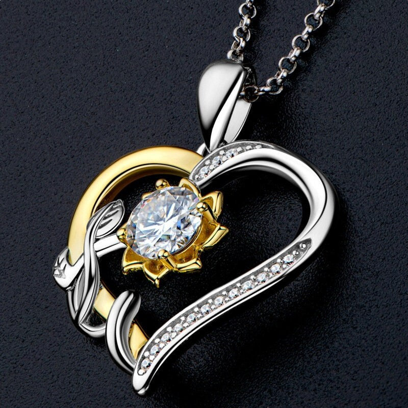 1 CT Moissanite Sunflower Necklace, Heart Necklace, Sterling Silver Necklace, Moissanite Necklace, Valentine Gift, Gift For Girlfriend, S925