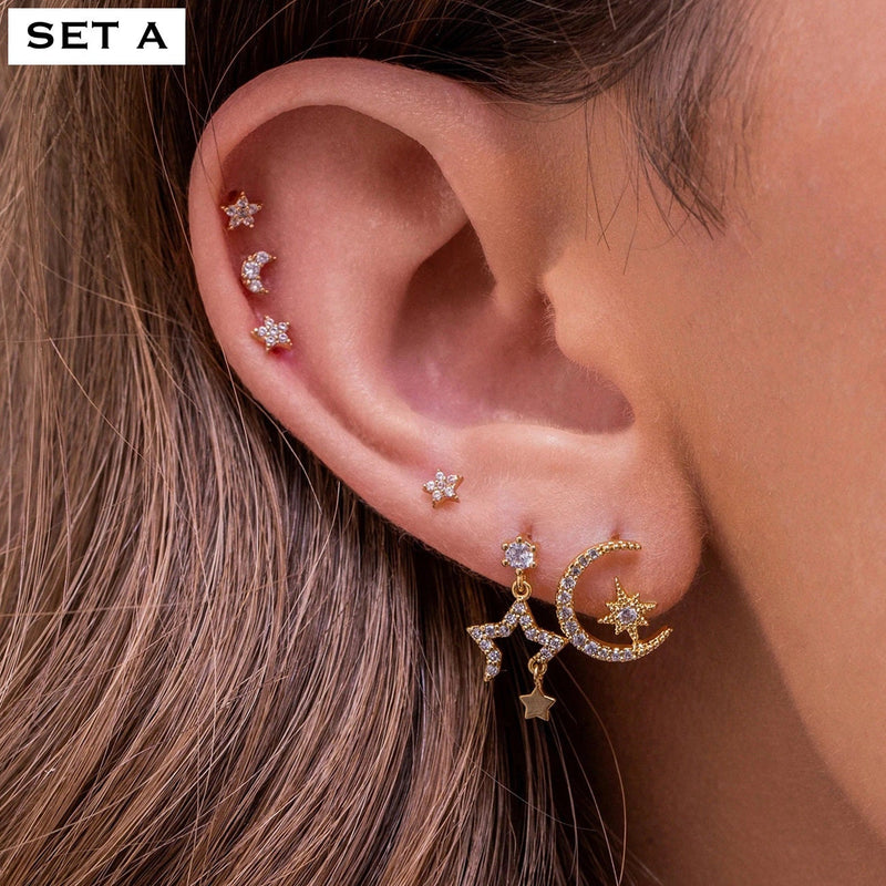 Piercing Earring Set, Gold Earring Set, Conch Piercing, Celestial Earrings, Moon Cartilage Piercing, Helix Earrings, Christmas Gift For Her