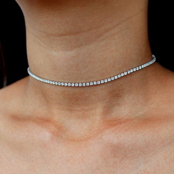 Sterling Silver 925 Tennis Necklace, 2mm Tennis Choker, Tiny Choker, Dainty Choker Necklace, Layering Choker Necklace, Small Diamond Choker LATUKI 