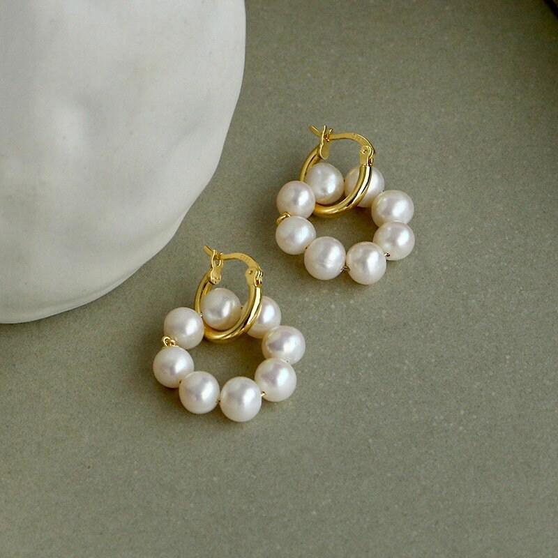 Sterling Silver Freshwater Pearl Earrings, 18K Gold Hoop Earrings, Pearl Hoop Earrings, Pearl Earrings, Boho Beach Jewelry, Gift For Her. LATUKI 