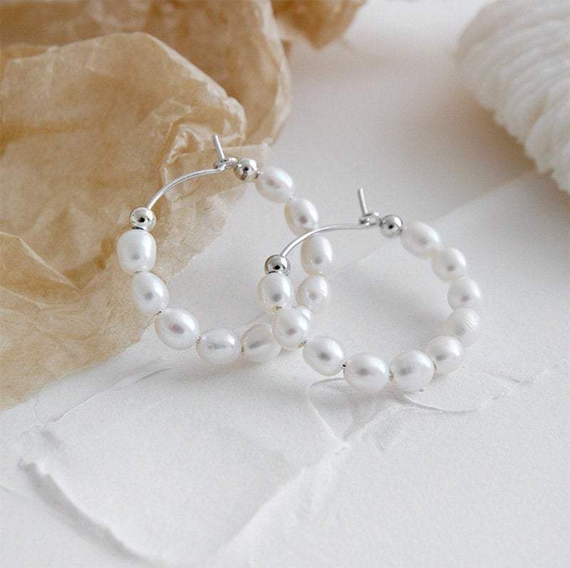 Sterling Silver Freshwater Pearl Hoop Earrings, Silver Hoop Earrings, Pearl Hoop Earrings, Pearl Earrings, Boho Beach Jewelry, Gift For Her. LATUKI 