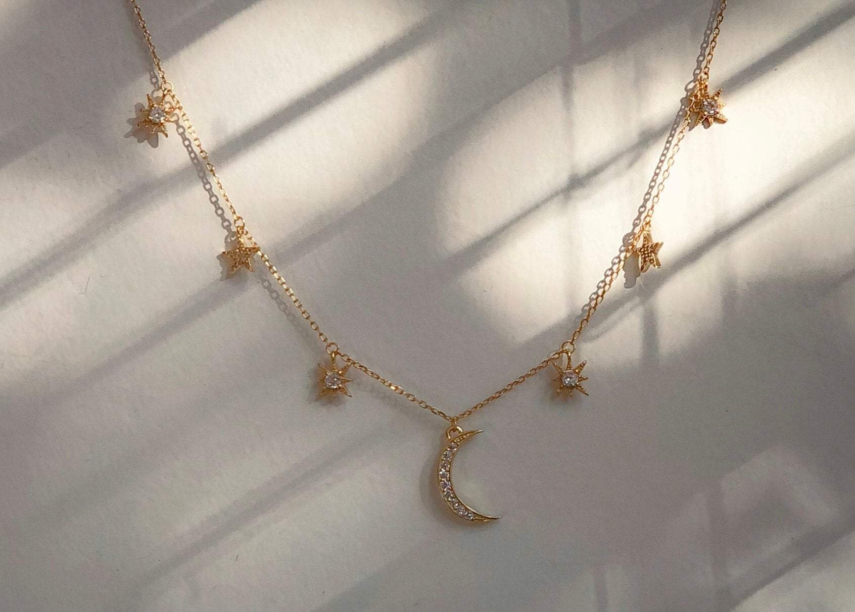 Sterling Silver gold moon and star necklace / gold moon choker / gold star choker / moon and star choker / moon necklace / celestial jewelry LATUKI 
