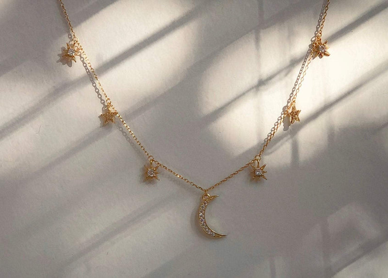 Sterling Silver gold moon and star necklace / gold moon choker / gold star choker / moon and star choker / moon necklace / celestial jewelry LATUKI 
