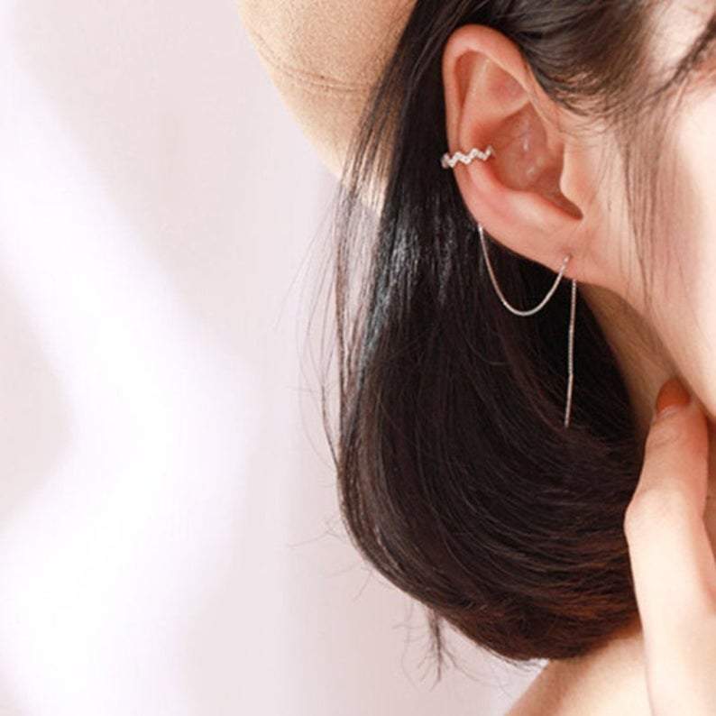 Sterling Silver Helix Ear Cuff Chain Earrings, Dangling Chain, Gold Chain Earrings, Minimalist Earrings, Long Threader, Chain Earrings S925 LATUKI 